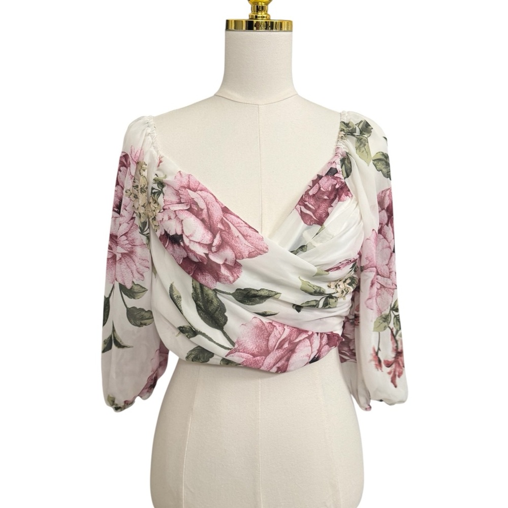 Windsor Floral Ruched Sheer Sleeve Crop Top XS White Pink Blouse